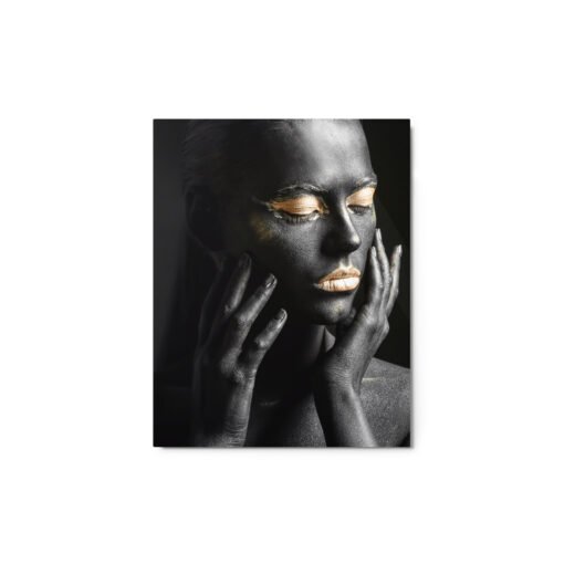 Woman in Golden Eyes and Lips Black Glossy Metal Prints
