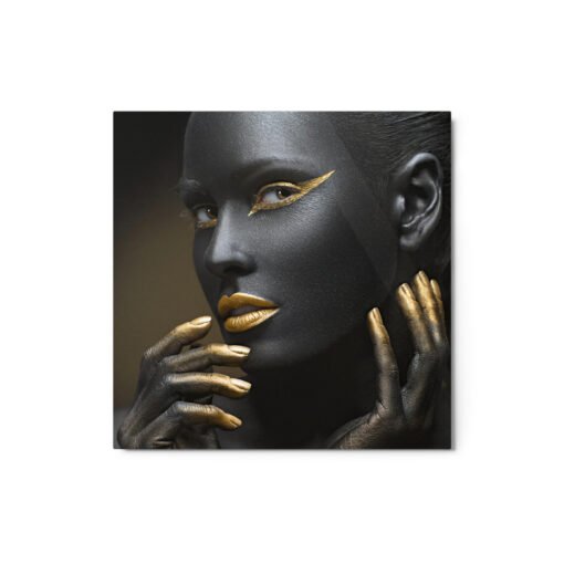 Woman in Gold Make-up Black Glossy Metal prints - Image 3