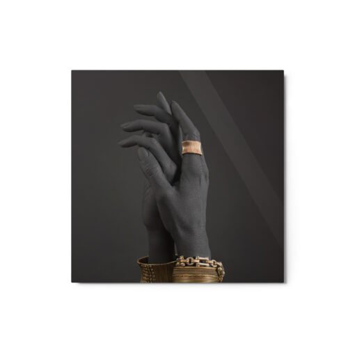 Hand with Golden Accessories Black Glossy Metal prints