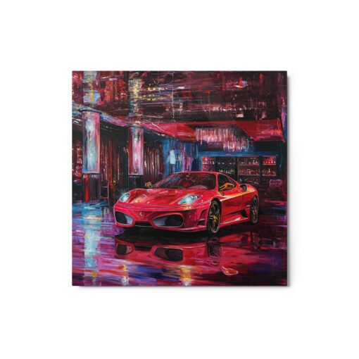 Attractive Red Ferrari with its Reflection on the Floor Glossy Metal Prints