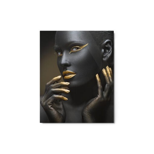 Woman in Gold Make-up Black Glossy Metal prints - Image 2