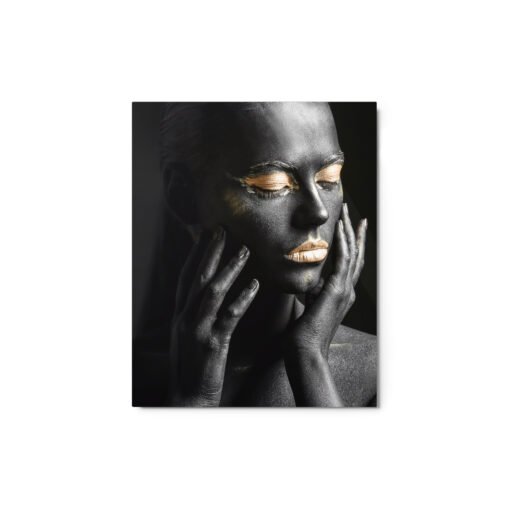 Woman in Golden Eyes and Lips Black Glossy Metal Prints - Image 2