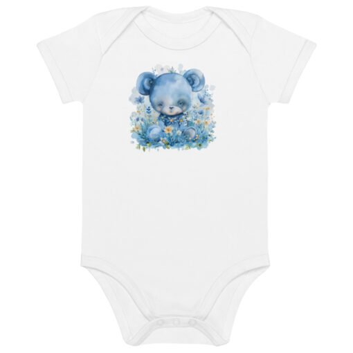 Cute Blue Bear Organic Cotton Baby Bodysuit - Image 3