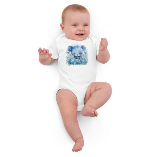 Cute Blue Bear Organic Cotton Baby Bodysuit - Image 4