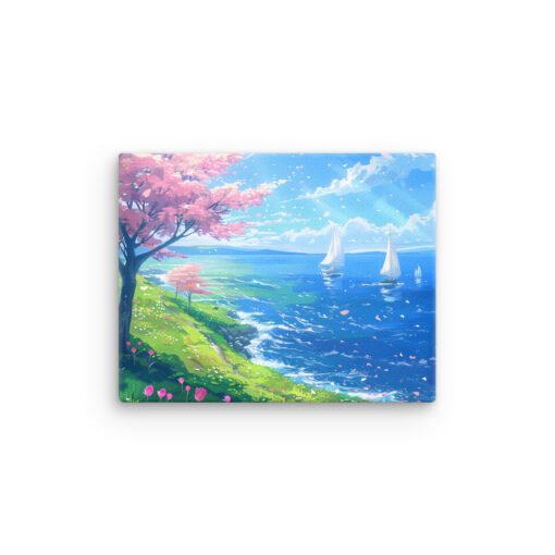 Sea View in the Spring with Pink Leaves Tree Thin canvas - Image 7