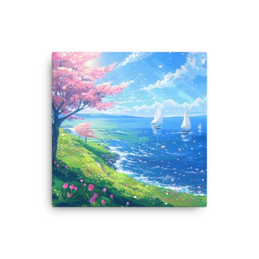 Sea View in the Spring with Pink Leaves Tree Thin canvas - Image 2