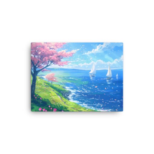 Sea View in the Spring with Pink Leaves Tree Thin canvas - Image 3