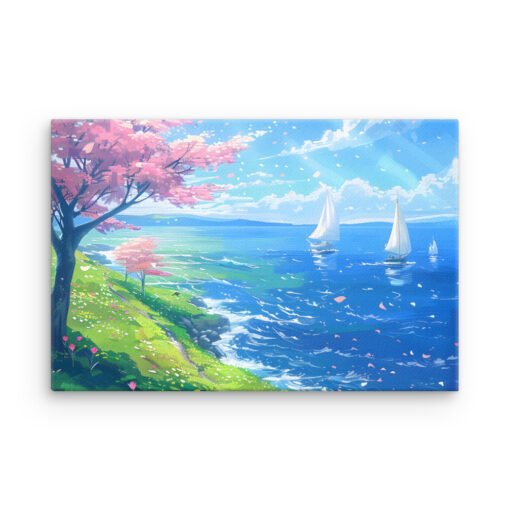 Sea View in the Spring with Pink Leaves Tree Thin canvas - Image 8