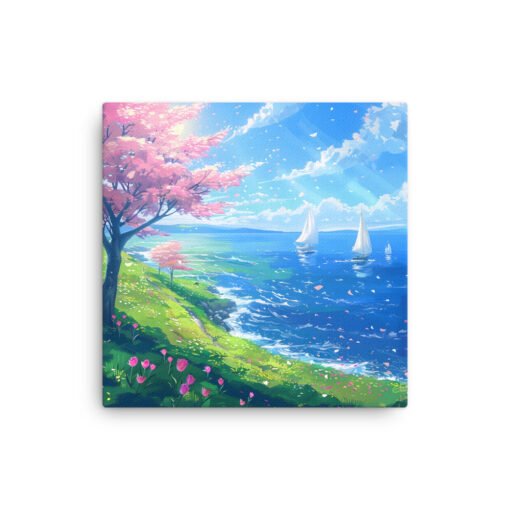 Sea View in the Spring with Pink Leaves Tree Thin canvas - Image 4