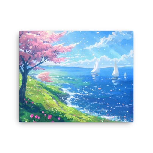 Sea View in the Spring with Pink Leaves Tree Thin canvas - Image 5