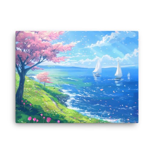 Sea View in the Spring with Pink Leaves Tree Thin canvas - Image 6