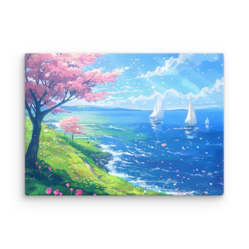 Sea View in the Spring with Pink Leaves Tree Thin canvas - Image 9